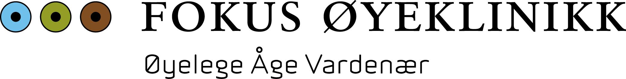 Fokus øyeklinikk logo med tre fargede øyne og navnet til øyelege Åge Vardenær.