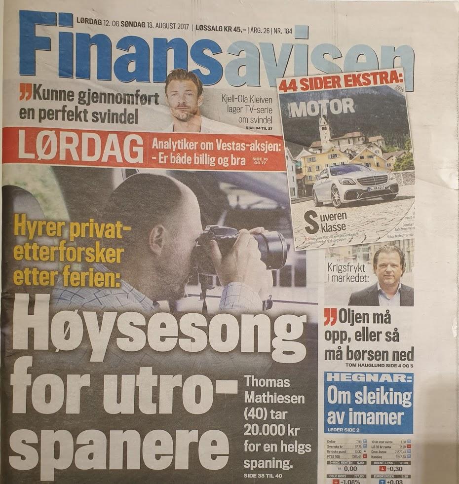 Finansavisen med overskrift om høysesong for utro spioner og artikler om oljepriser og motor.