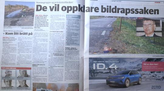 Avisartikkel om bilrapssaken med bilder av en bil og en vei. Tekst om etterforskning og oppfordring til publikum.