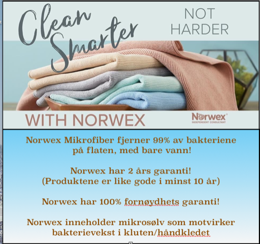 Renere med Norwex: Fargerike mikrofiberkluter og håndklær med informasjon om garantier og bakteriefjerning.