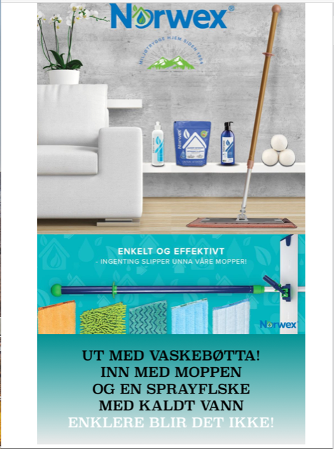 Reklame for Norwex med mopp, sprayflaske og rengjøringsprodukter for enklere rengjøring.
