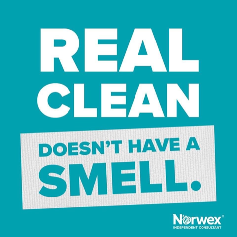 Reklameplakat med teksten "REAL CLEAN DOESN'T HAVE A SMELL" i hvitt på turkis bakgrunn, med Norwex-logo.