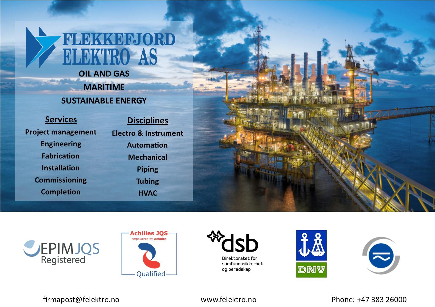 Bilde av Flekkefjord Elektro AS med fokus på olje, gass og maritim bærekraftig energi, inkludert tjenester og disipliner.