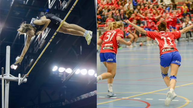 En mann som hopper over stang i friidrett og to kvinner som feirer mål i håndball.