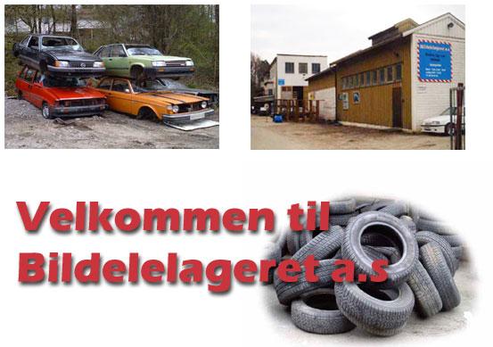 Bilde av en bilopphuggingsplass med stablede biler og dekk, samt en bygning med skilt for Bildelageret a.s.