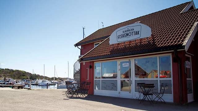 Rødt hus med skilt som sier "Fiskemottak" ved havnen, med båter i bakgrunnen og utemøbler foran.