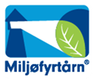 Logo for Miljøfyrtårn, med et fyrtårn og et blad i grønt og blått, symboliserer miljøvennlighet.