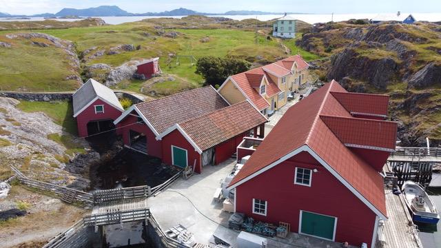 En oversikt over en tradisjonell norsk fiskevær med røde hus og grønne dører, omgitt av grønt landskap og hav.