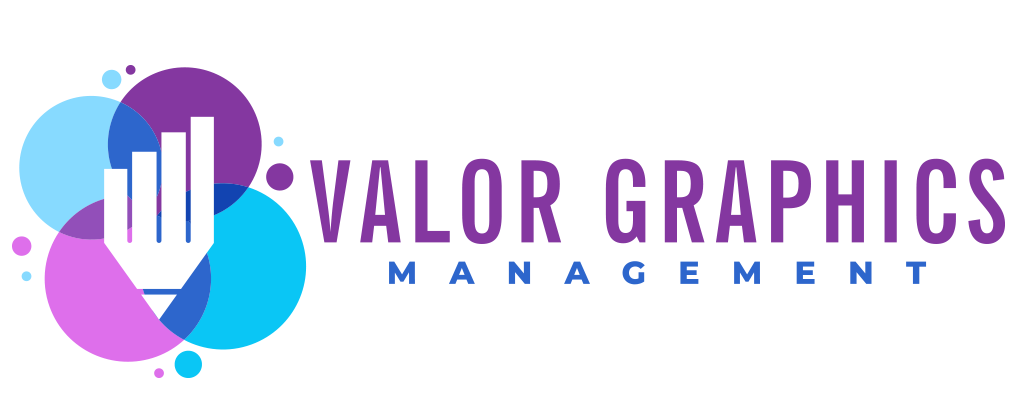 Logo for Valor Graphics Management med fargerike sirkler og en graf med oppadgående piler.
