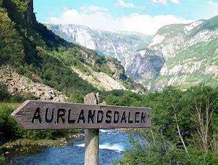 Skilt med teksten "Aurlandsdalen" ved en elv, omringet av fjell og frodig natur i Aurlandsdalen.
