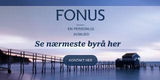 Fonus logo med tekst om personlig avskjed og kontaktinformasjon, bakgrunn av brygge ved sjøen.