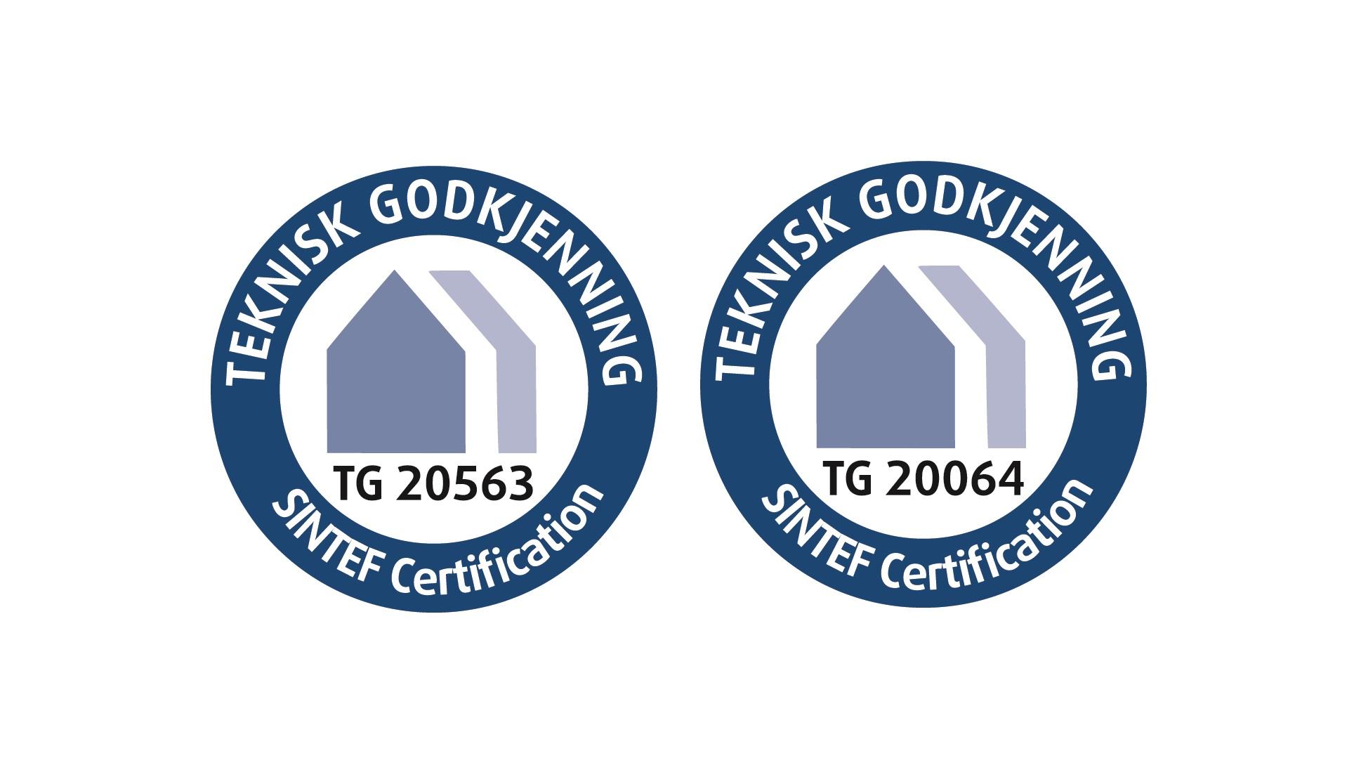 Teknisk godkjenning merker fra SINTEF med TG 20563 og TG 20064, brukt for byggematerialer.