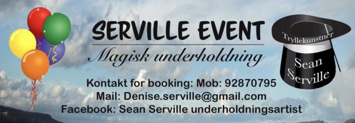 Serville Event banner med fargerike ballonger og informasjon om magisk underholdning og kontaktopplysninger.