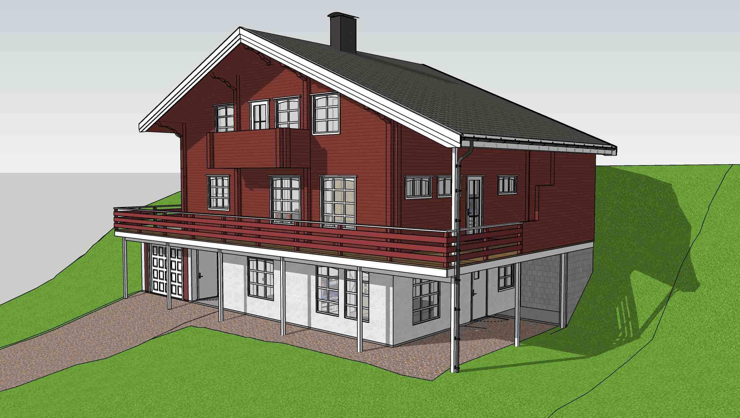 Moderne rød trehus med balkong og store vinduer, plassert på en grønn bakke.