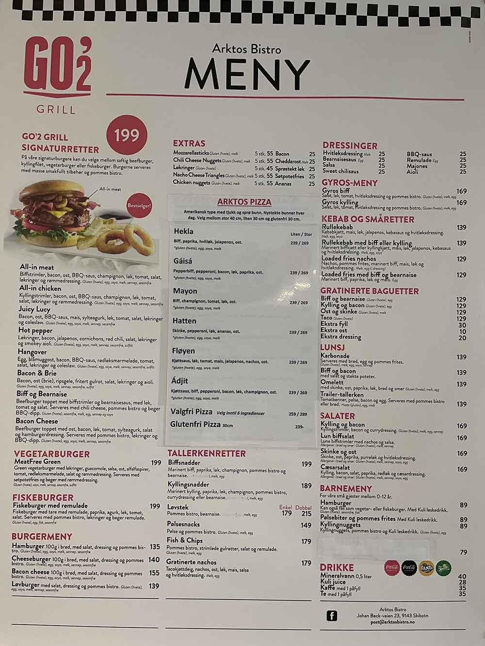 Meny fra Go2 Bistro med burgere, salater og drikkevarer, inkludert priser og beskrivelse av retter.