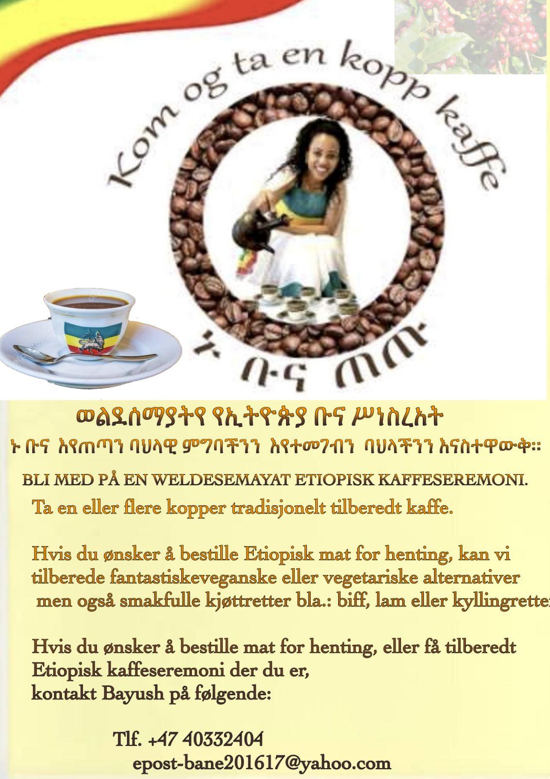 Kvinne som holder en kaffekopp med tekst om å bestille etiopisk kaffe og kaffeseremonier.