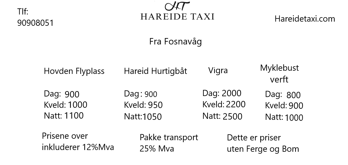 Priser for Hareide Taxi fra Fosnavåg, inkludert dag- og nattpriser for ulike destinasjoner.