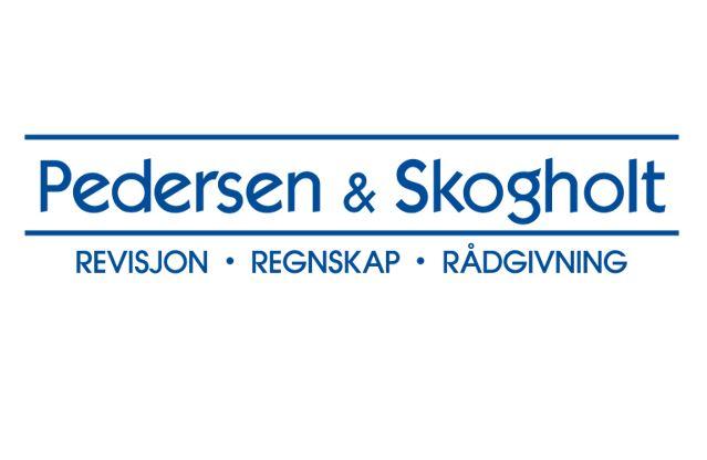 Pedersen & Skogholt logo med teksten "Revisjon • Regnskap • Rådgivning" i blått på hvit bakgrunn.