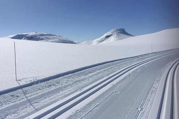 Snødekt landskap med preparerte skiløyper og fjell i bakgrunnen under en klar blå himmel.