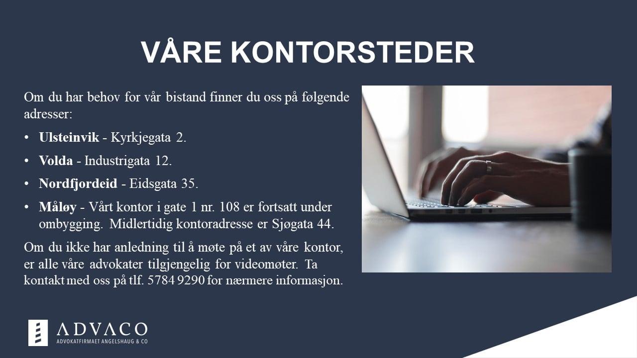 Bilde av en datamaskin med hender som skriver, med tekst om kontoradresser for Advaco.