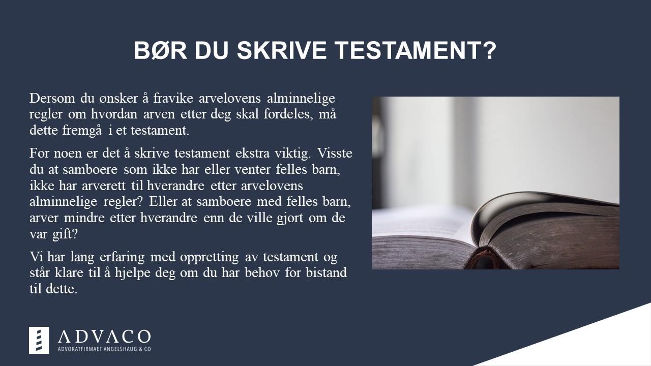 Brosjyre om viktigheten av å skrive testament, med tekst og bilde av en åpen bok.