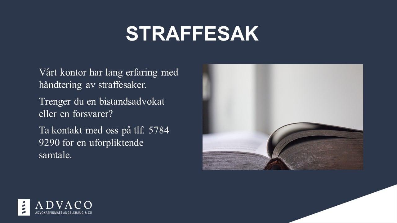 Bilde av en åpen bok med tekst, med teksten "STRAFFESAK" og kontaktinformasjon for advokatfirmaet Advaco.