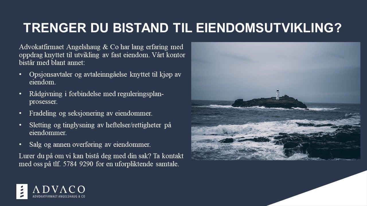 Bilde av en kystlinje med et fyrtårn, med tekst om eiendomsutvikling og bistand fra Advaco.