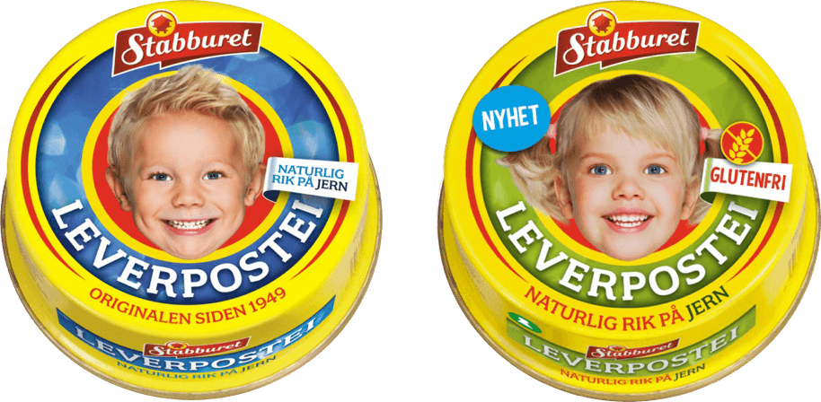 To bokser med Stabburets leverpostei, en med barnets ansikt og en med nyhetstegnet, begge glutenfrie.