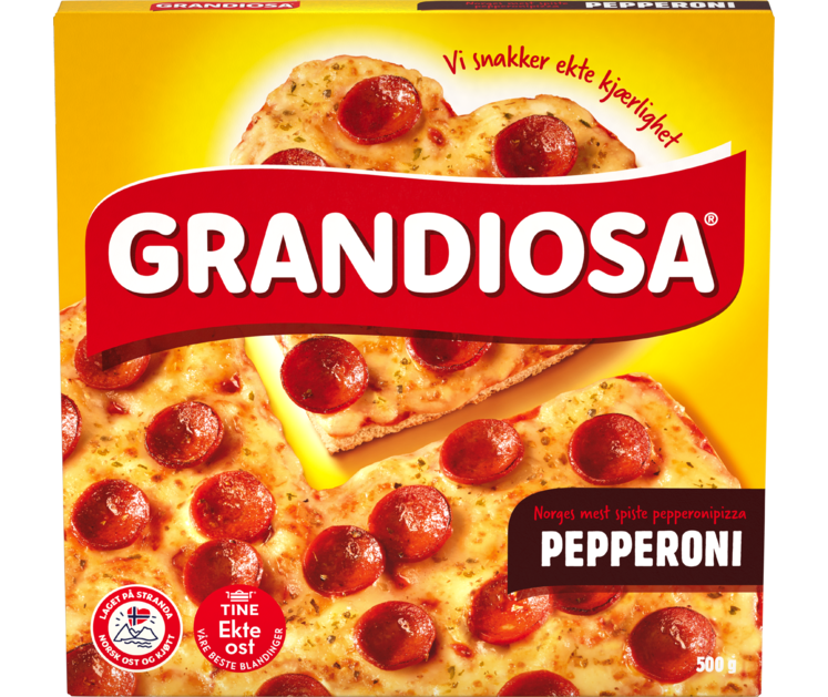 Grandiosa pepperonipizza i eske med hjerteformet design og smeltet ost på toppen.