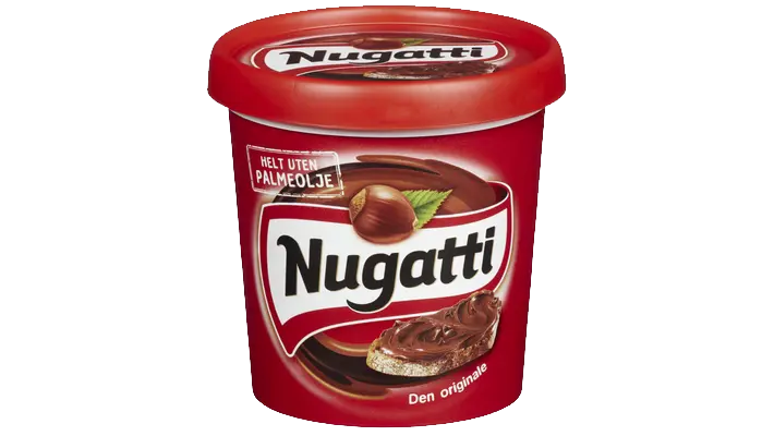 Boks med Nugatti sjokoladepålegg, rød emballasje med hasselnøttmotiv og tekst.