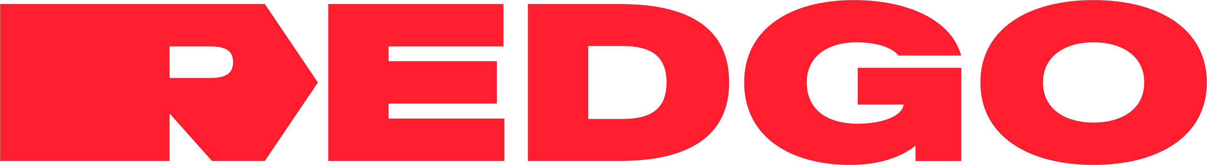 Logoen til REDGO i store røde bokstaver på hvit bakgrunn.