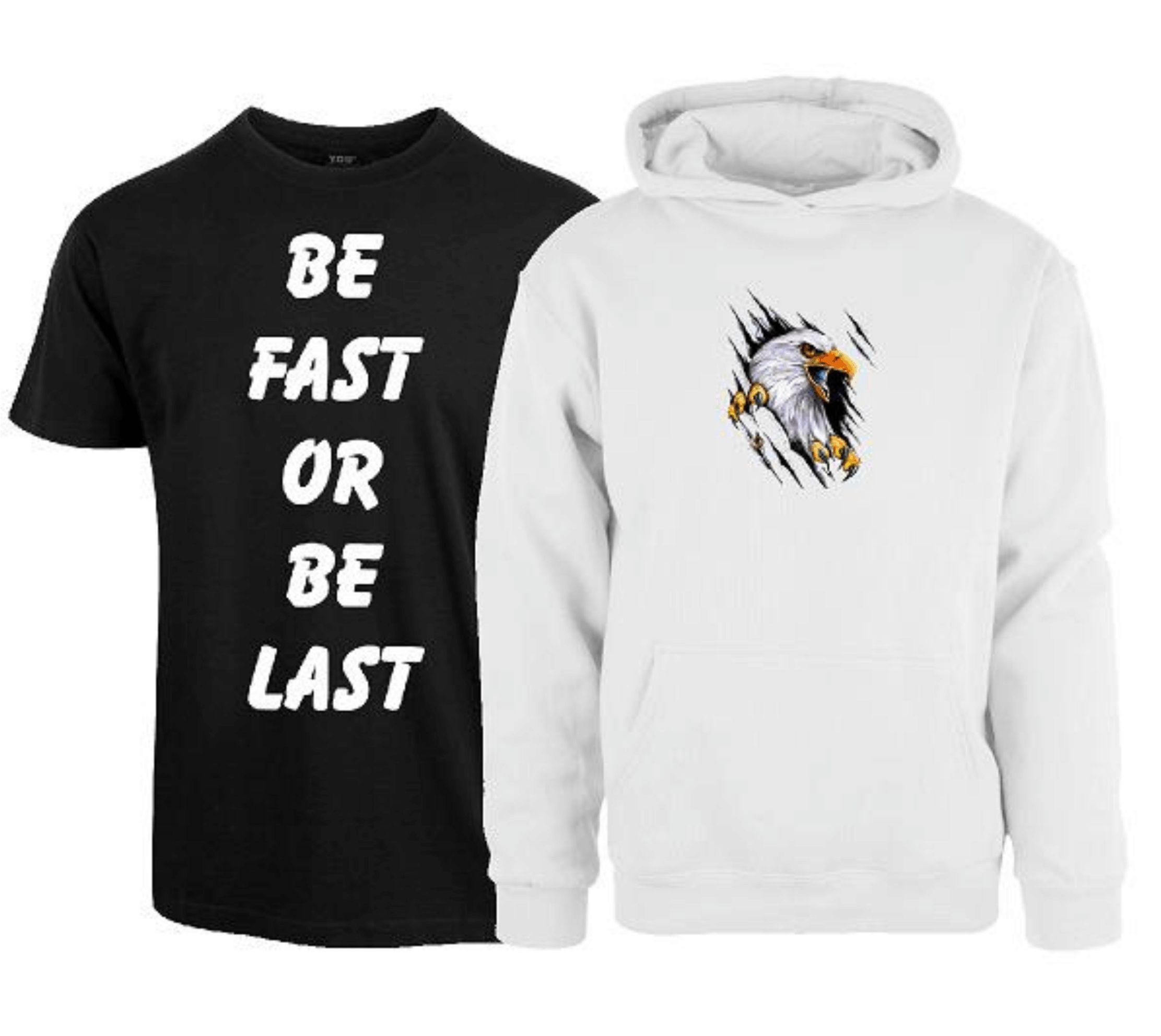 T-skjorte med teksten "BE FAST OR BE LAST" og hettegenser med en ørn som klorer.