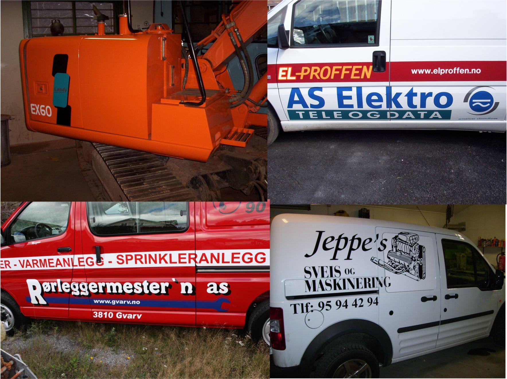 Bilde av fire kjøretøy med forskjellige reklamer og logoer, inkludert AS Elektro og Rørleggermester'n.