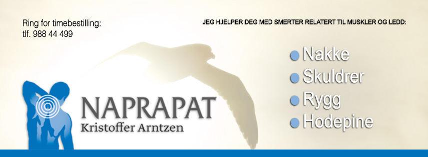 Naprapat Kristoffer Arntzen, spesialist på nakke, skuldre, rygg og hoftesmerter, med kontaktinformasjon.