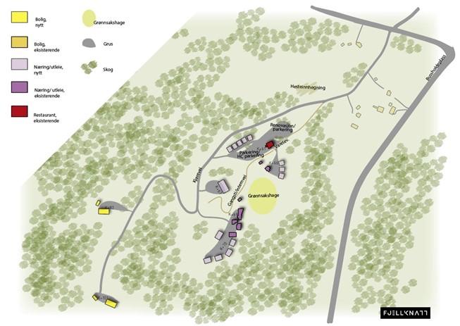 Kart over et område med stier, bygninger og skog, med fargekoder for ulike funksjoner og områder.