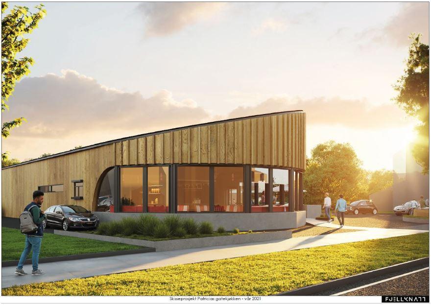 Moderne bygning med trepanel og store vinduer, omgitt av grøntområder og biler, under en solfylt himmel.