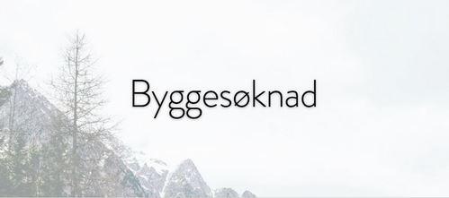 Byggesøknad med snødekte fjell i bakgrunnen og en lys, tåket himmel.