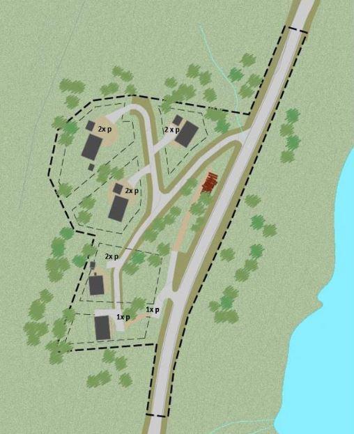 Oversiktskart over et boligområde med flere hus, veier og trær langs en innsjø.
