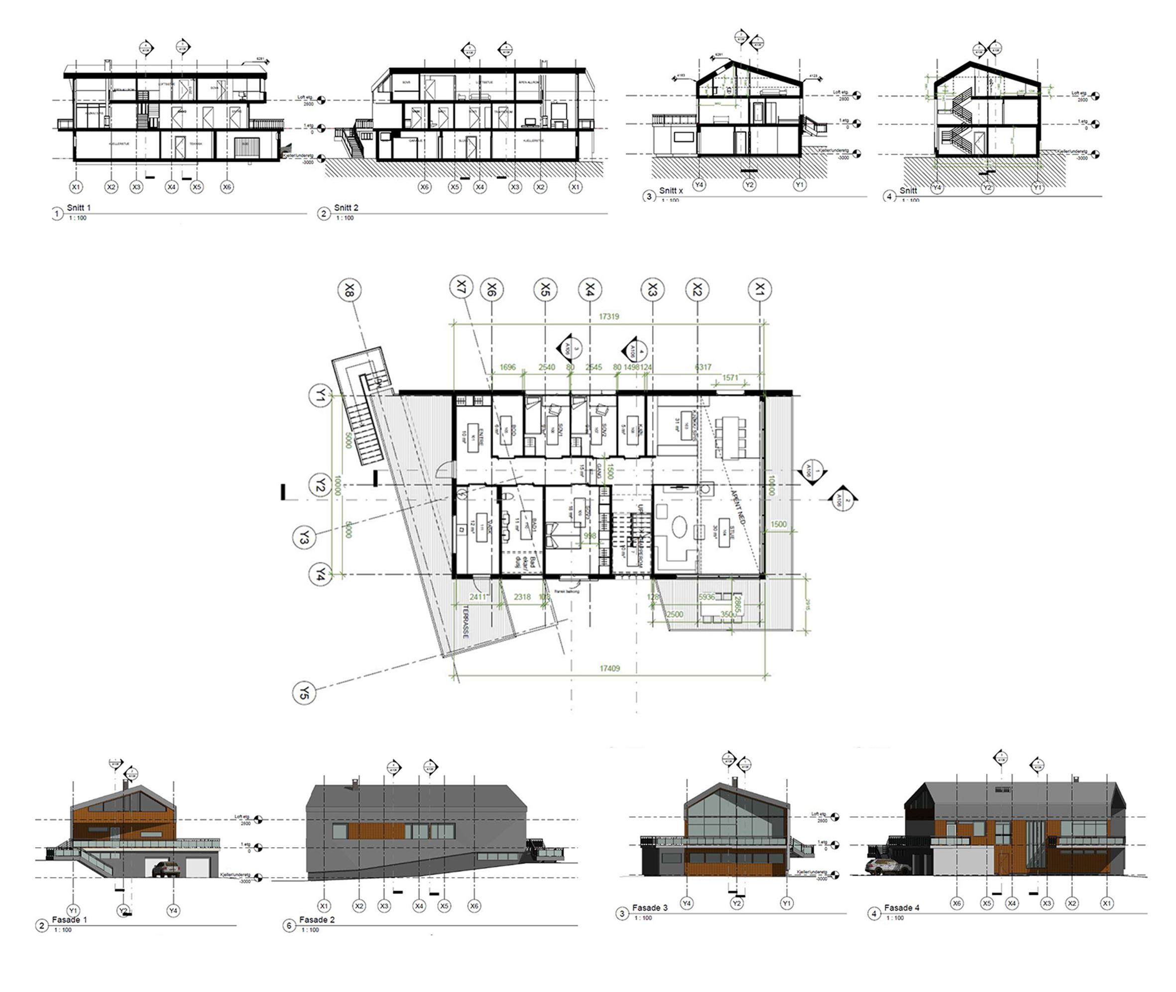 Bygningstegninger med plantegning, fasader og snitt av et moderne hus med skråtak og terrasse.