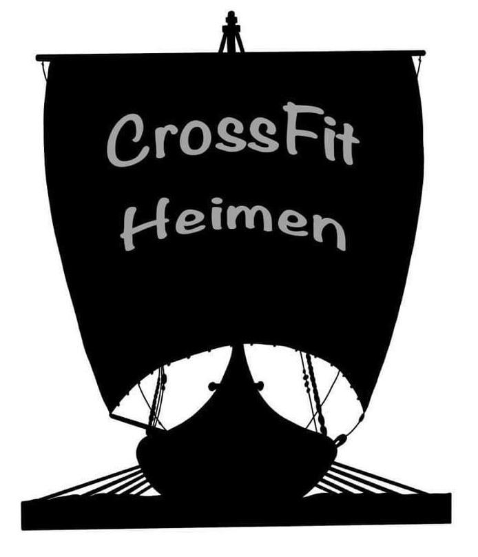 Silhuett av et vikingskip med teksten "CrossFit Heimen" på seilet.