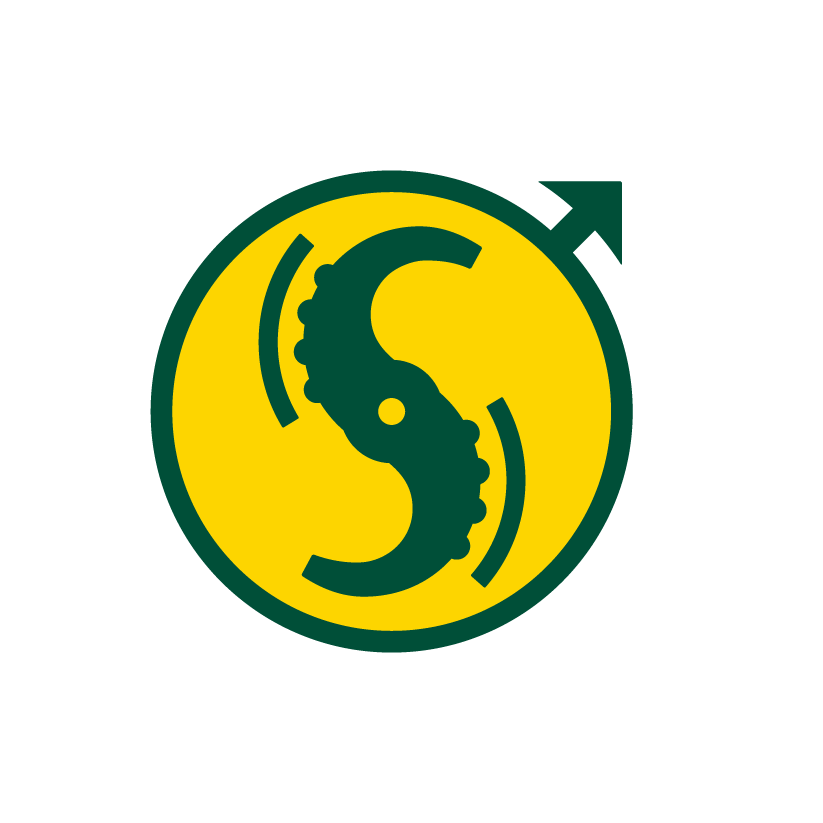 Logo med en gul sirkel og grønn tannhjulformet S, symboliserer bevegelse og energi.