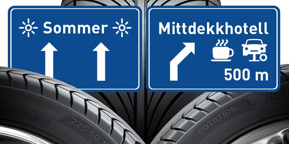 Skilt med retning for sommerdekk og mittdekkhotell, med bilde av bil og kaffekopp, foran bildekk.