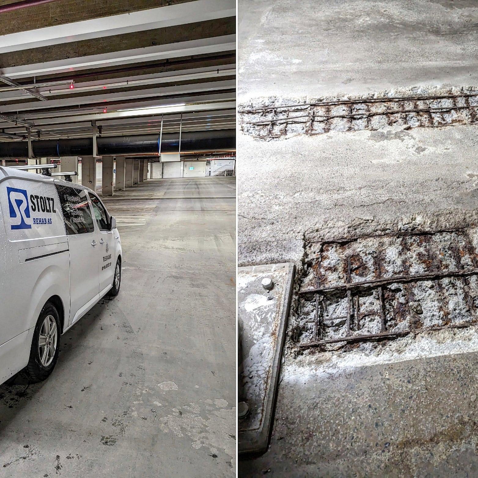 En hvit varebil parkert i en tom parkeringskjeller med synlige spor i betonggulvet.