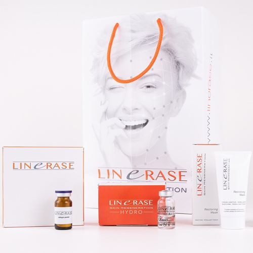 Bilde av LinErase hudpleieprodukter, inkludert en gavepose, serum og krem for hudfornyelse.