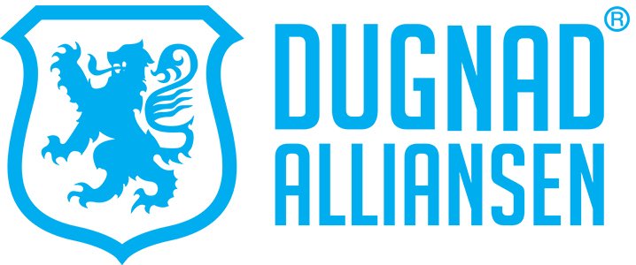 Dugnadsalliansens logo med en blå løve i et skjold og teksten "DUGNAD ALLIANSEN" under.