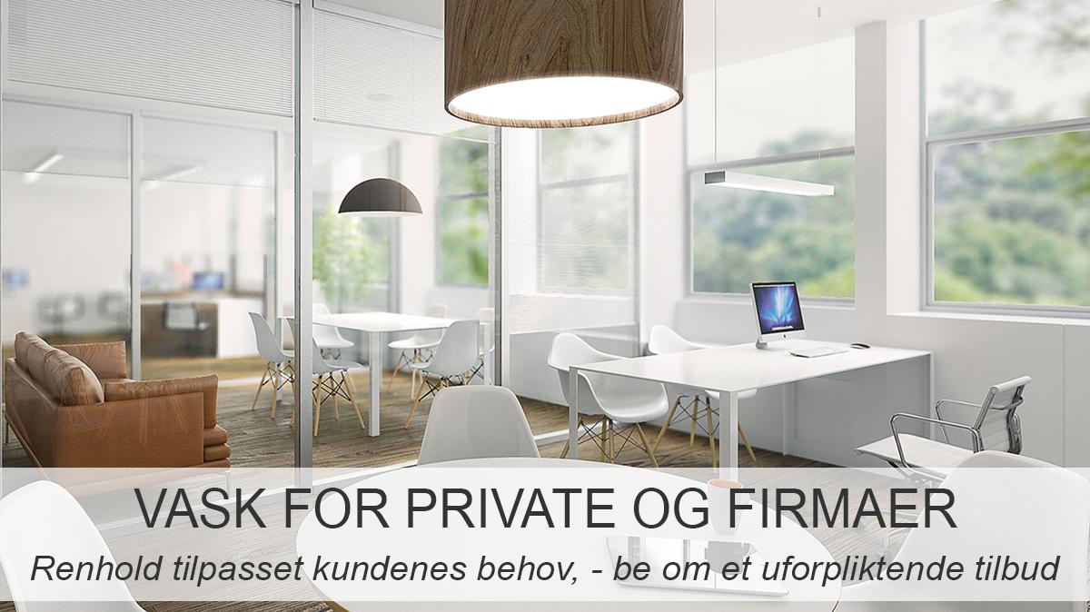 Moderne kontor med skrivebord og stoler, med tekst om rengjøring for private og firmaer.