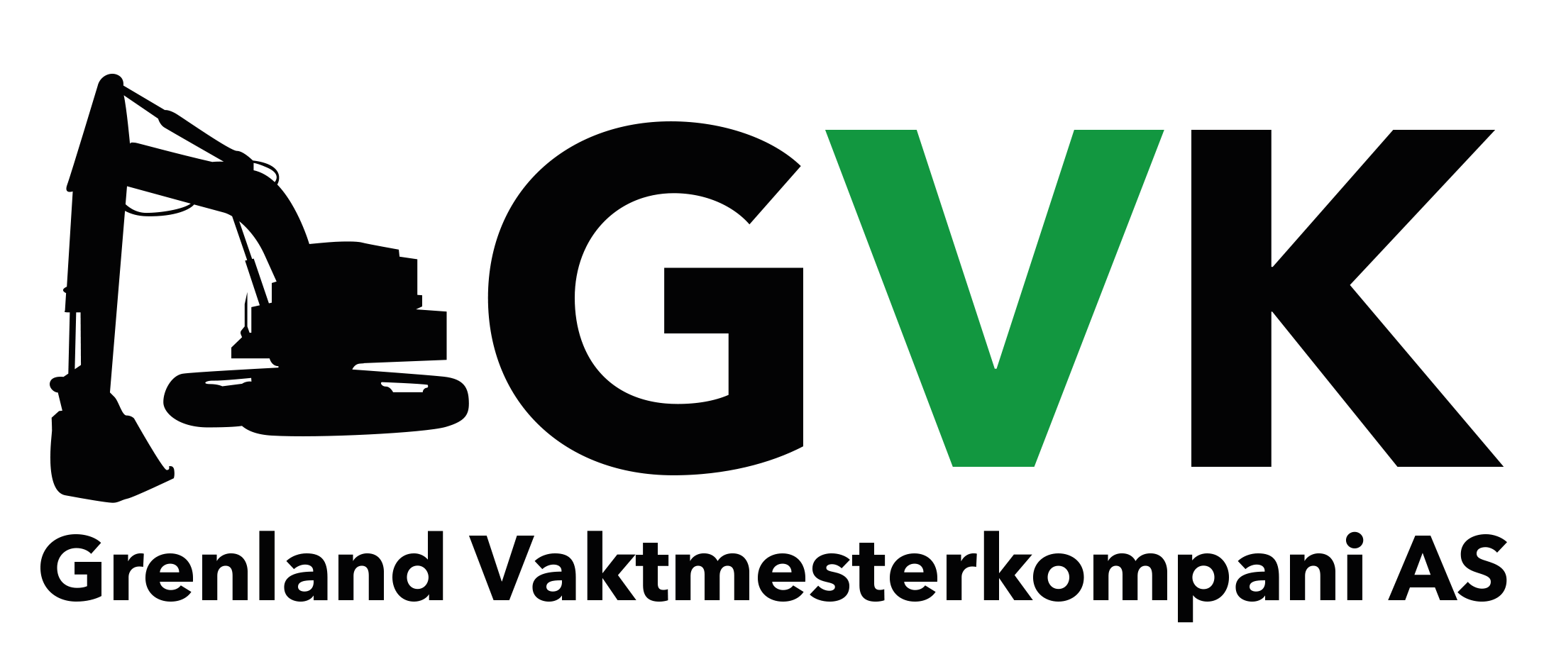Logo for Grenland Vaktmesterkompani AS med en gravemaskin og initialene GVK i grønt.