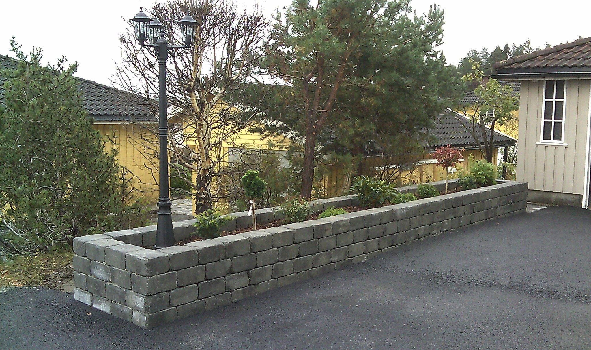 En steinmur med planter og en gatebelysning, omgitt av hus og trær i bakgrunnen.