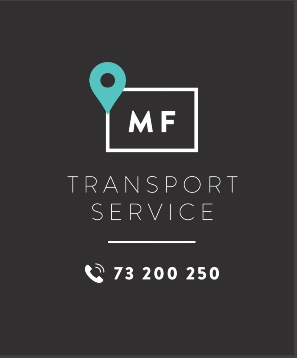 Logo for MF Transport Service med telefonnummer 73 200 250 og en plasseringmarkør.