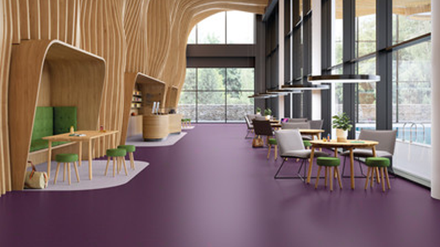 Moderne interiør med trevegger, bord og stoler i en lys restaurant med lilla gulv og store vinduer.